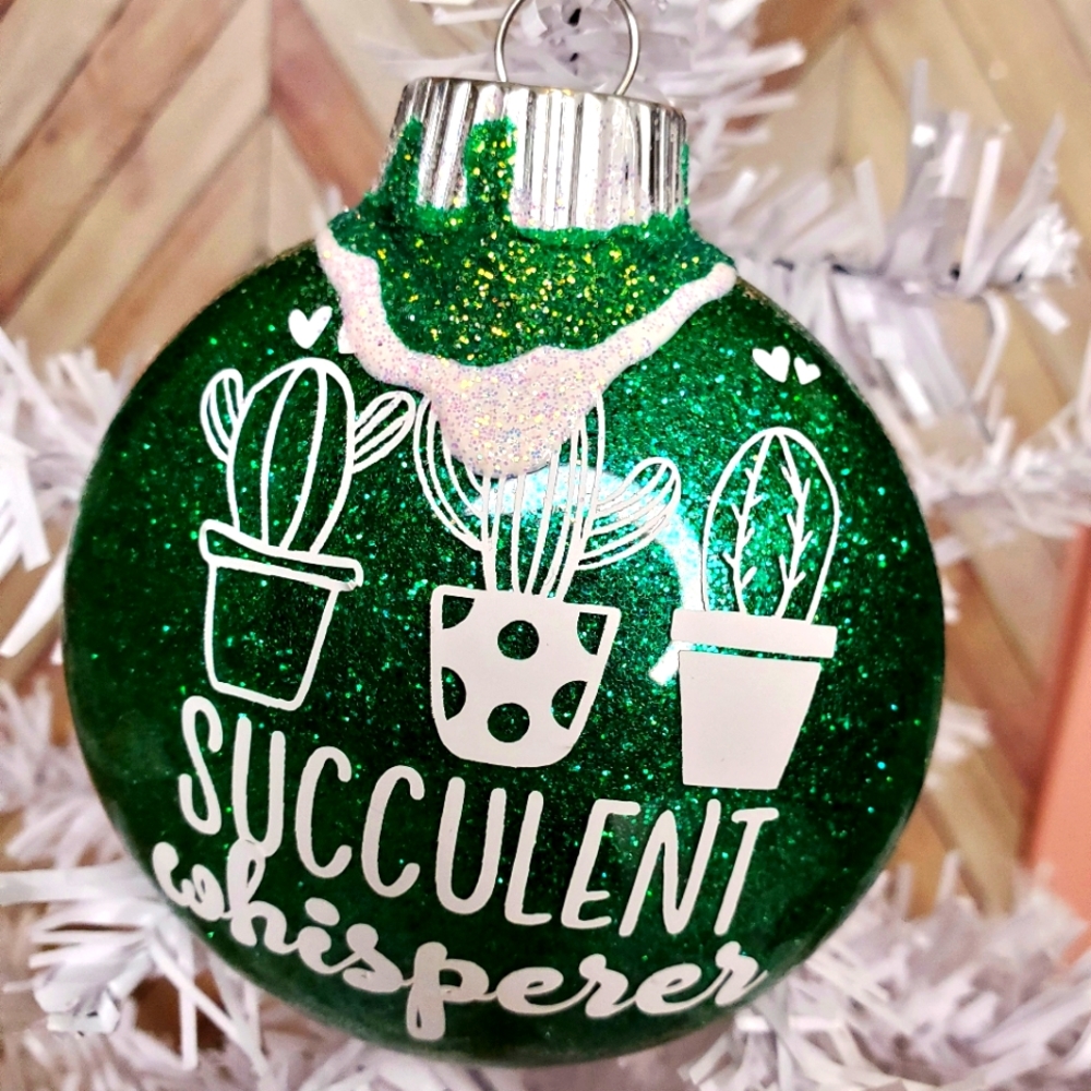 Succulent Whisper green glitter holiday ornament